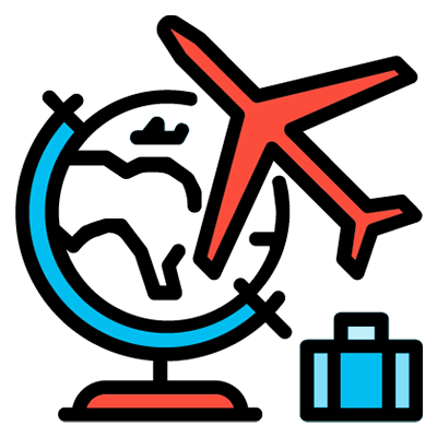 Line art of a globe, suitcase, and plane
